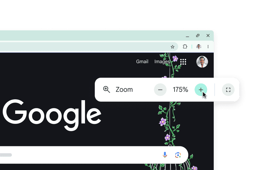 The Google homepage with enlarged elements and a pop-up with Zoom set to 175%